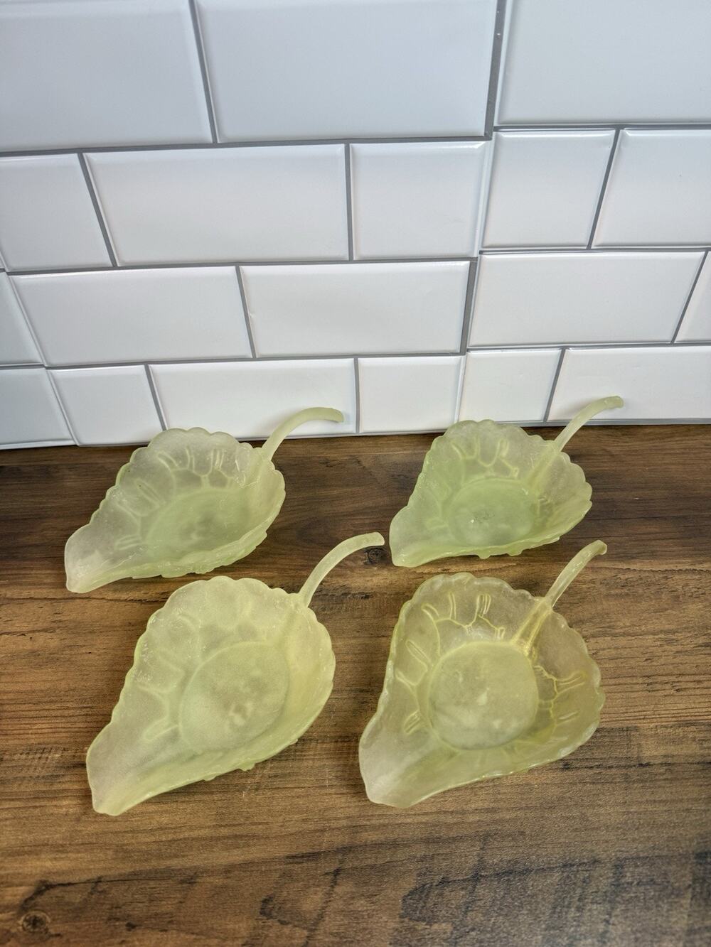 Vintage MCM Green Lucite Acrylic Leaf Dishes Set of 4 Mid Century Serving Bowls